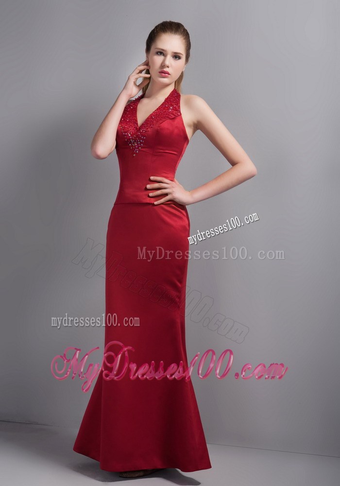 Popular Wine Red Mermaid Halter Top Wedding Guest Bridesmaid Dress with Beading