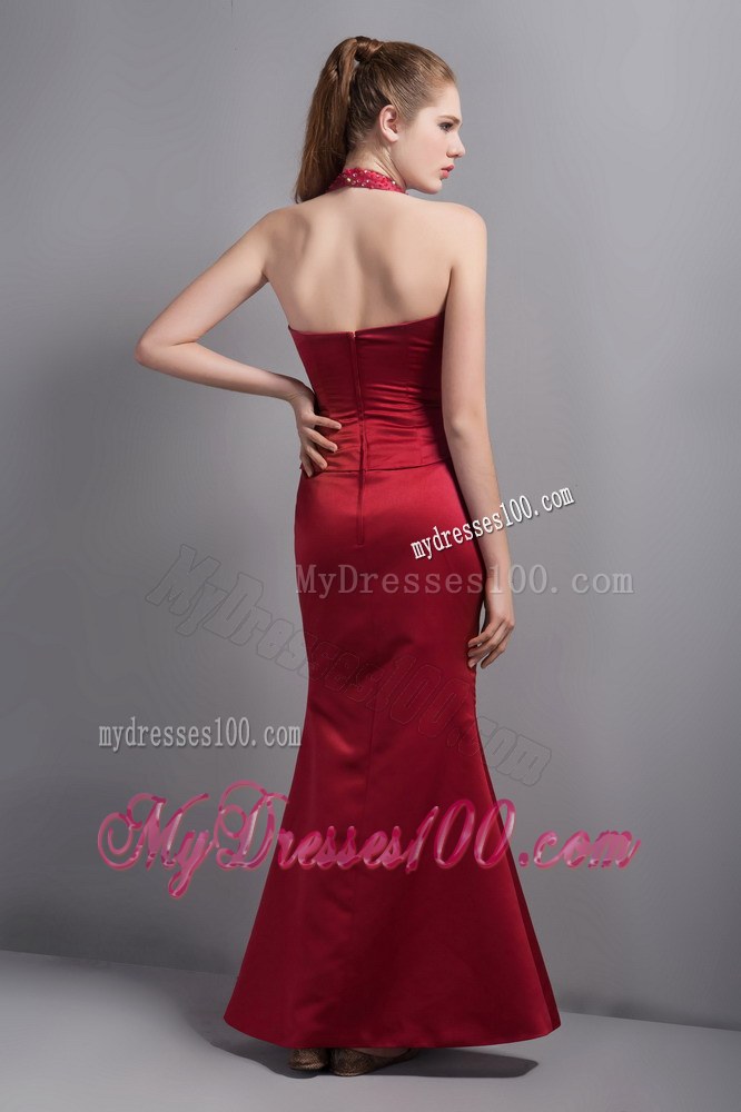 Popular Wine Red Mermaid Halter Top Wedding Guest Bridesmaid Dress with Beading