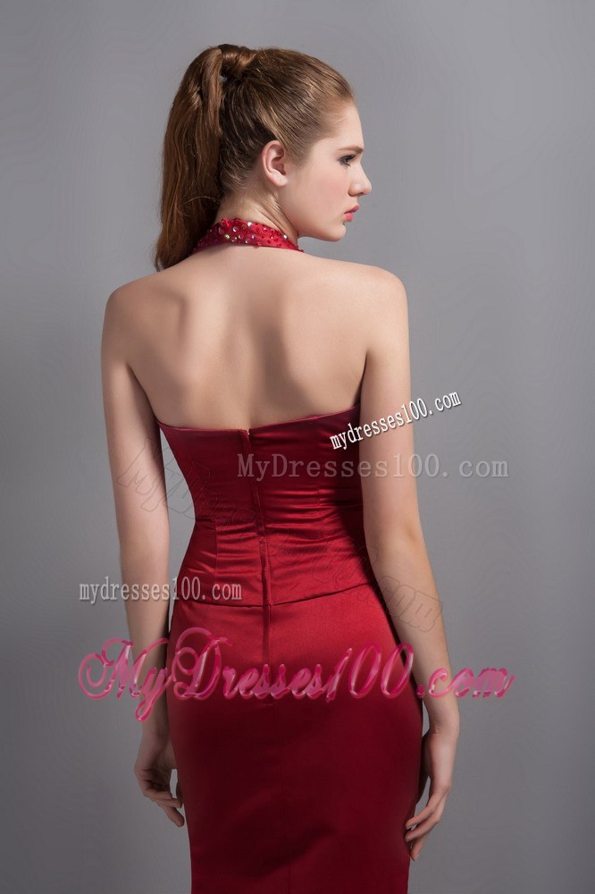 Popular Wine Red Mermaid Halter Top Wedding Guest Bridesmaid Dress with Beading