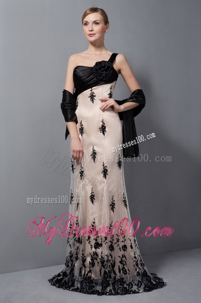 Beautiful Champagne Mother of Bride Dress One Shoulder Hand Made Flower Lace Train