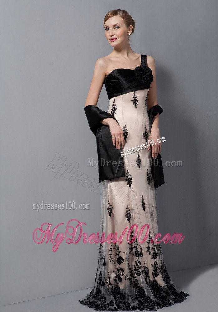 Beautiful Champagne Mother of Bride Dress One Shoulder Hand Made Flower Lace Train