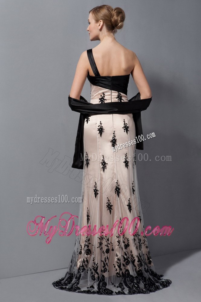 Beautiful Champagne Mother of Bride Dress One Shoulder Hand Made Flower Lace Train