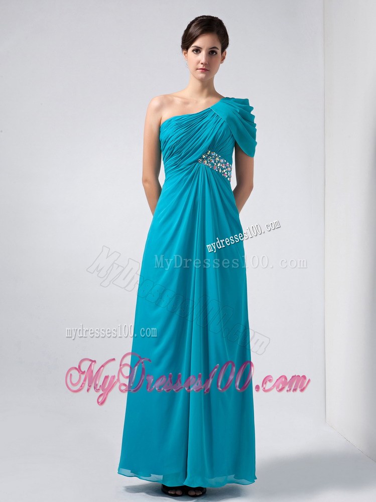 Beautiful Baby Blue Column One Shoulder Wedding Guest Dress Ankle-length Beading