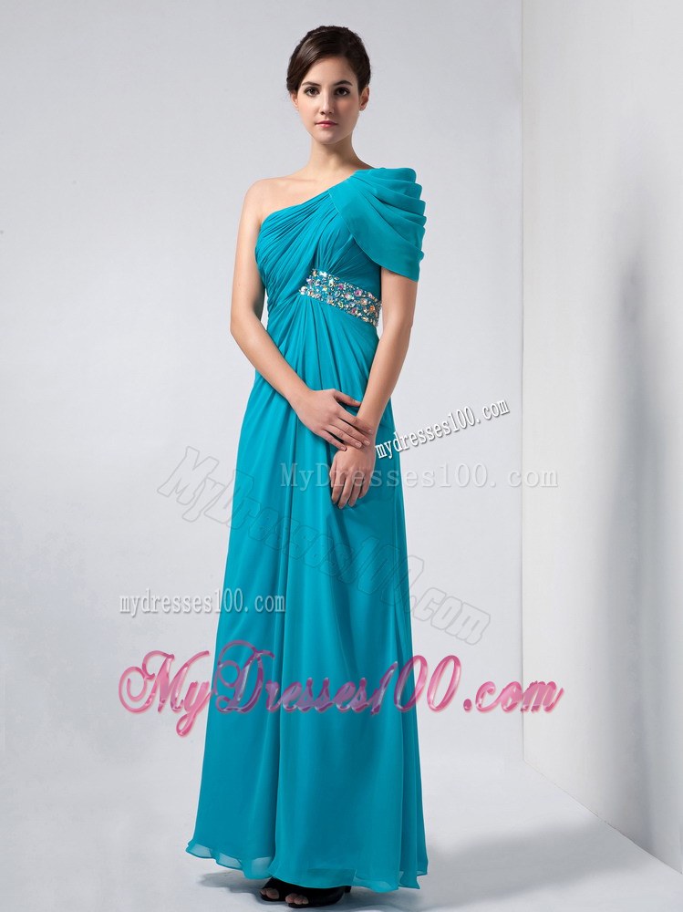Beautiful Baby Blue Column One Shoulder Wedding Guest Dress Ankle-length Beading