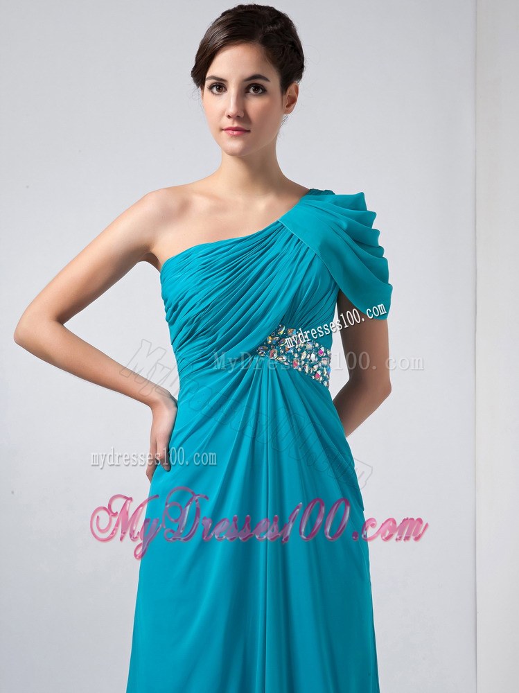 Beautiful Baby Blue Column One Shoulder Wedding Guest Dress Ankle-length Beading