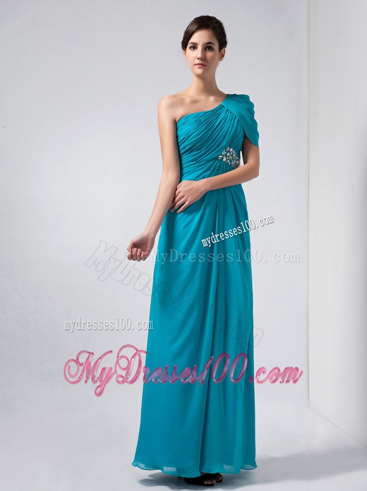 Beautiful Baby Blue Column One Shoulder Wedding Guest Dress Ankle-length Beading