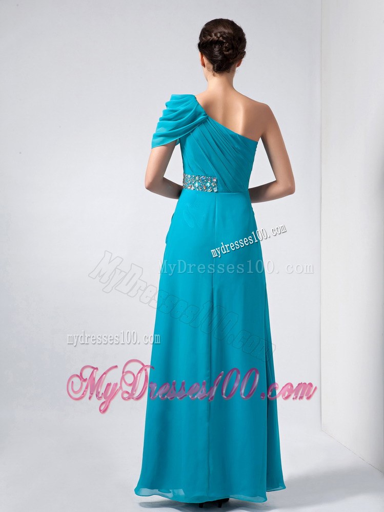 Beautiful Baby Blue Column One Shoulder Wedding Guest Dress Ankle-length Beading