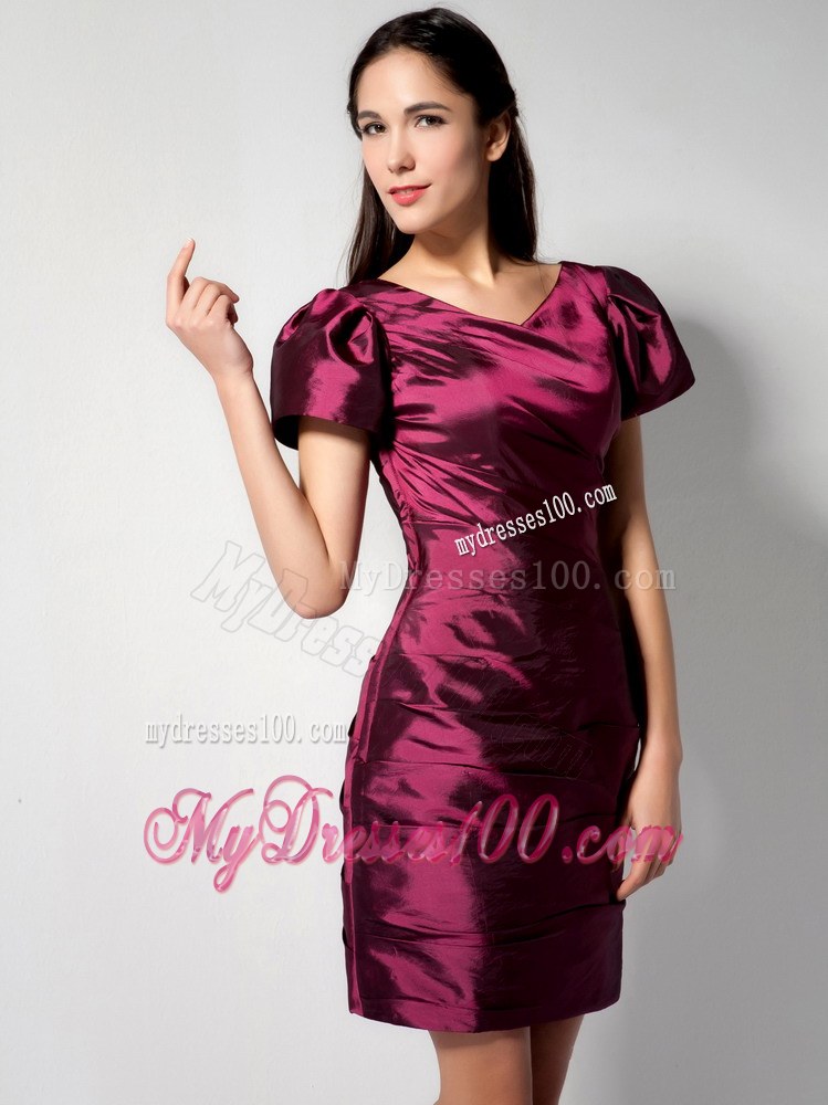 Low Price Burgundy Column V-neck Short Sleeves Wedding Guest Dress Mini-length 2013