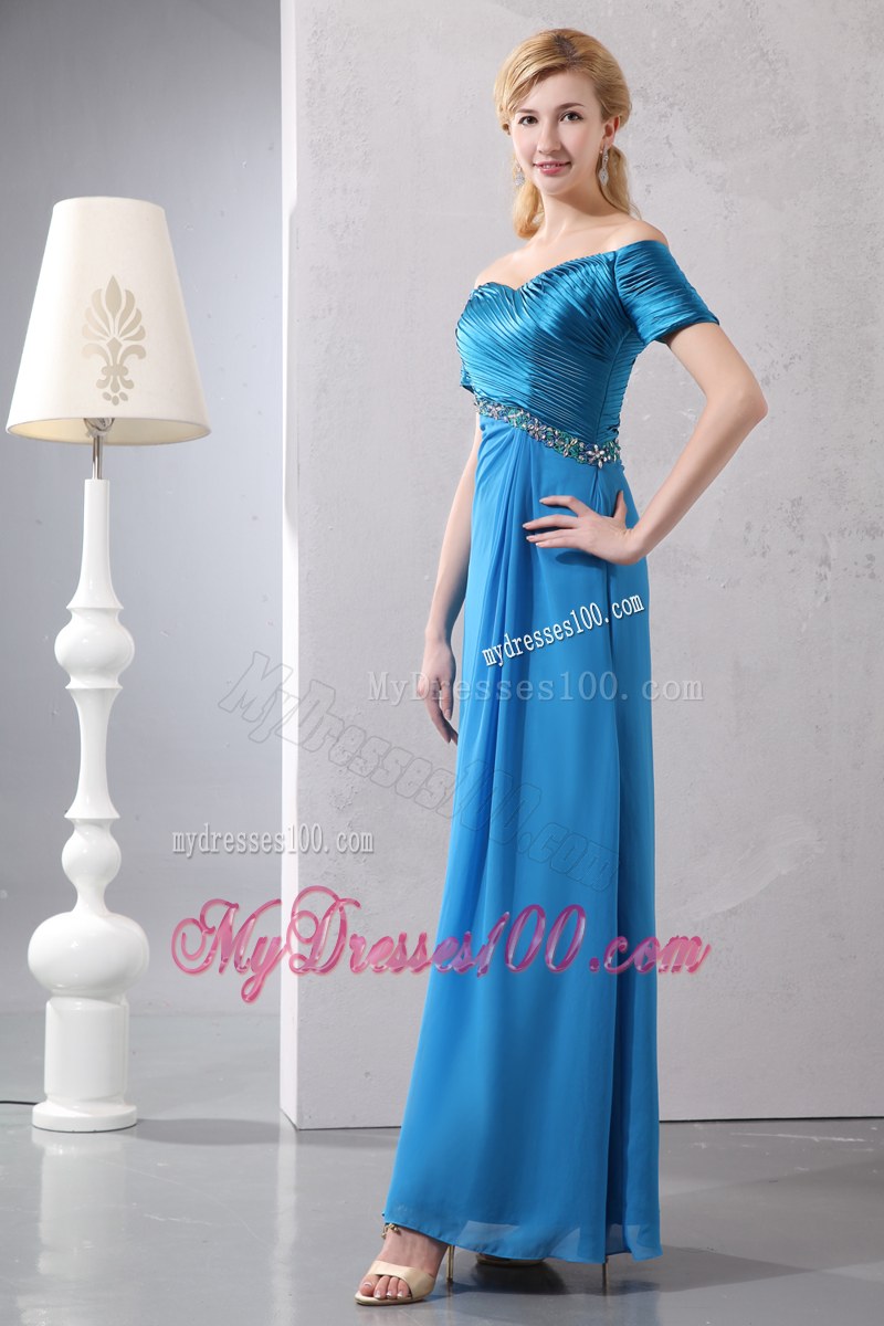 Sexy Sky Blue Column off the Shoulder Beading Mother of the Bride Dress Ankle-length