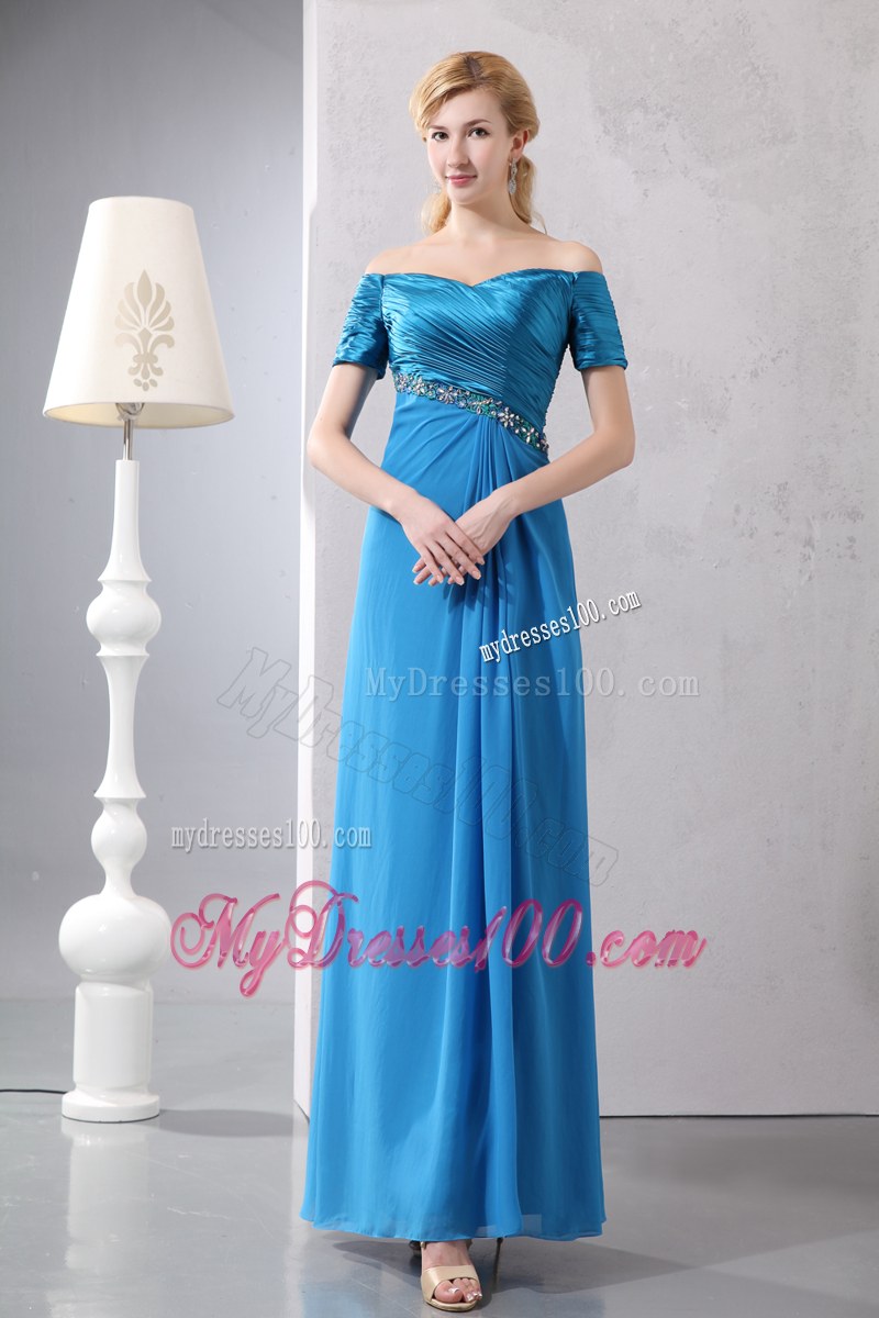 Sexy Sky Blue Column off the Shoulder Beading Mother of the Bride Dress Ankle-length