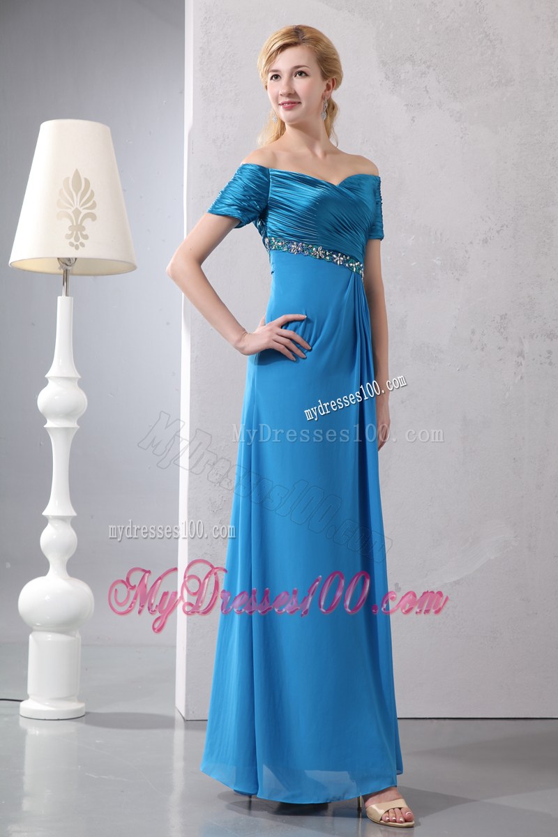 Sexy Sky Blue Column off the Shoulder Beading Mother of the Bride Dress Ankle-length