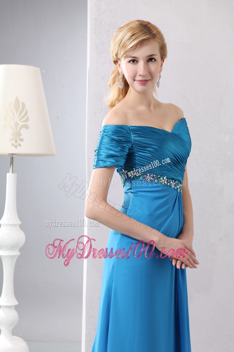 Sexy Sky Blue Column off the Shoulder Beading Mother of the Bride Dress Ankle-length