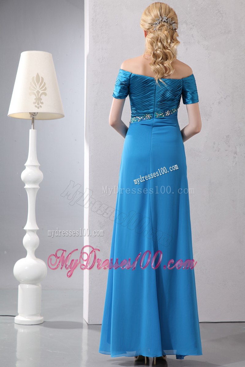 Sexy Sky Blue Column off the Shoulder Beading Mother of the Bride Dress Ankle-length