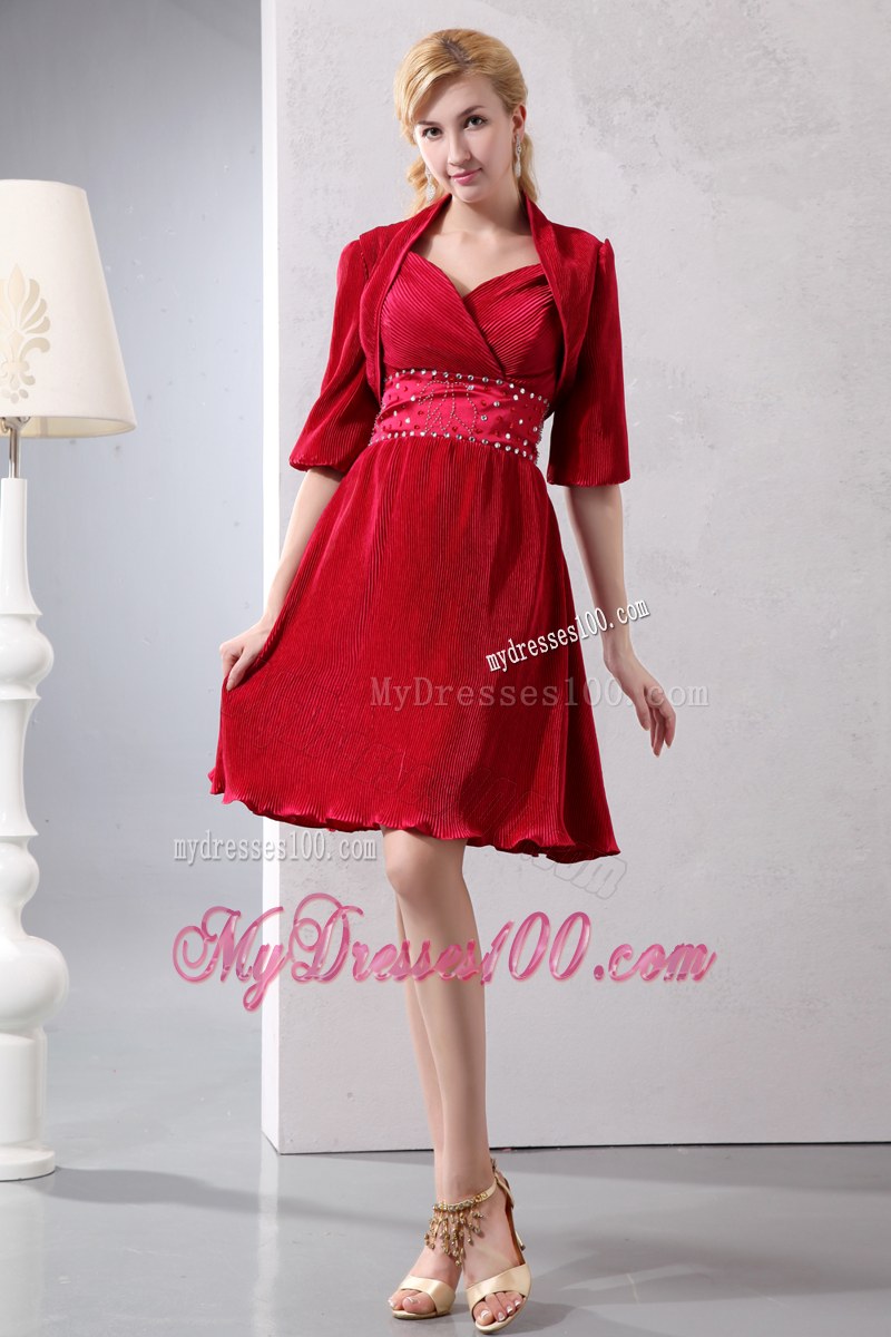 Cute Wine Red Sweetheart Beading Wedding Guest Dress Knee-length Special Fabric