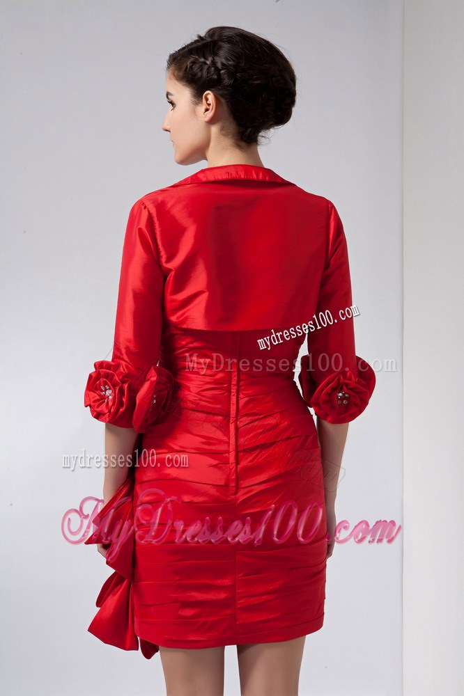 Red Column Mother of the Bride Dress Sweetheart Hand Made Flowers Mini-length