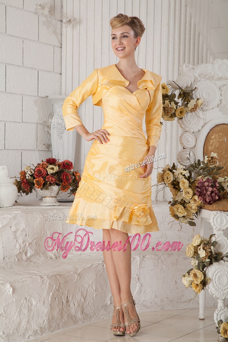 Yellow Sweetheart Knee-length Ruching Hand Made Flower Wedding Guest Dress