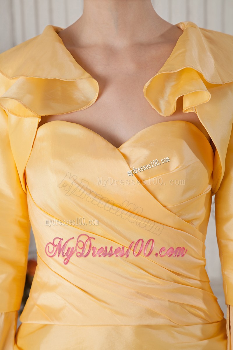 Yellow Sweetheart Knee-length Ruching Hand Made Flower Wedding Guest Dress