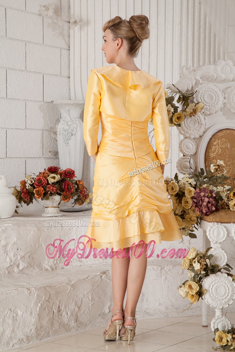 Yellow Sweetheart Knee-length Ruching Hand Made Flower Wedding Guest Dress