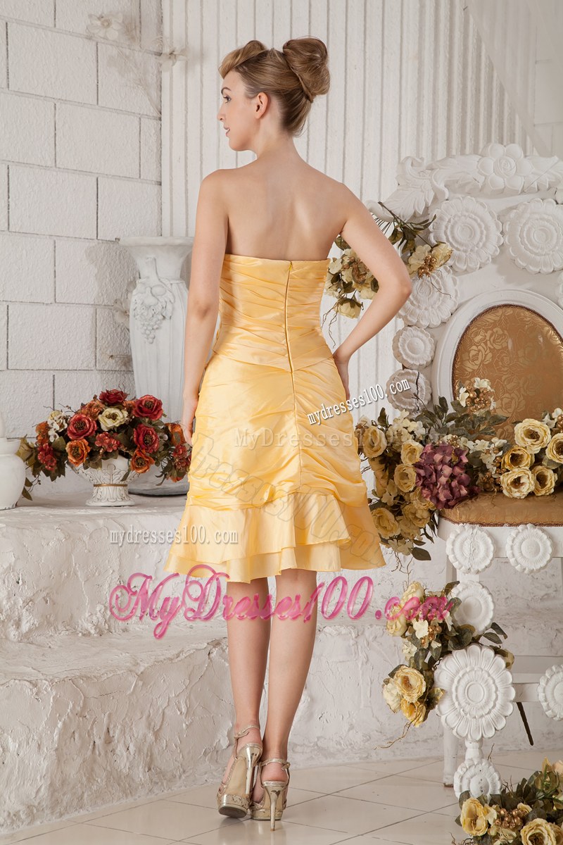 Yellow Sweetheart Knee-length Ruching Hand Made Flower Wedding Guest Dress