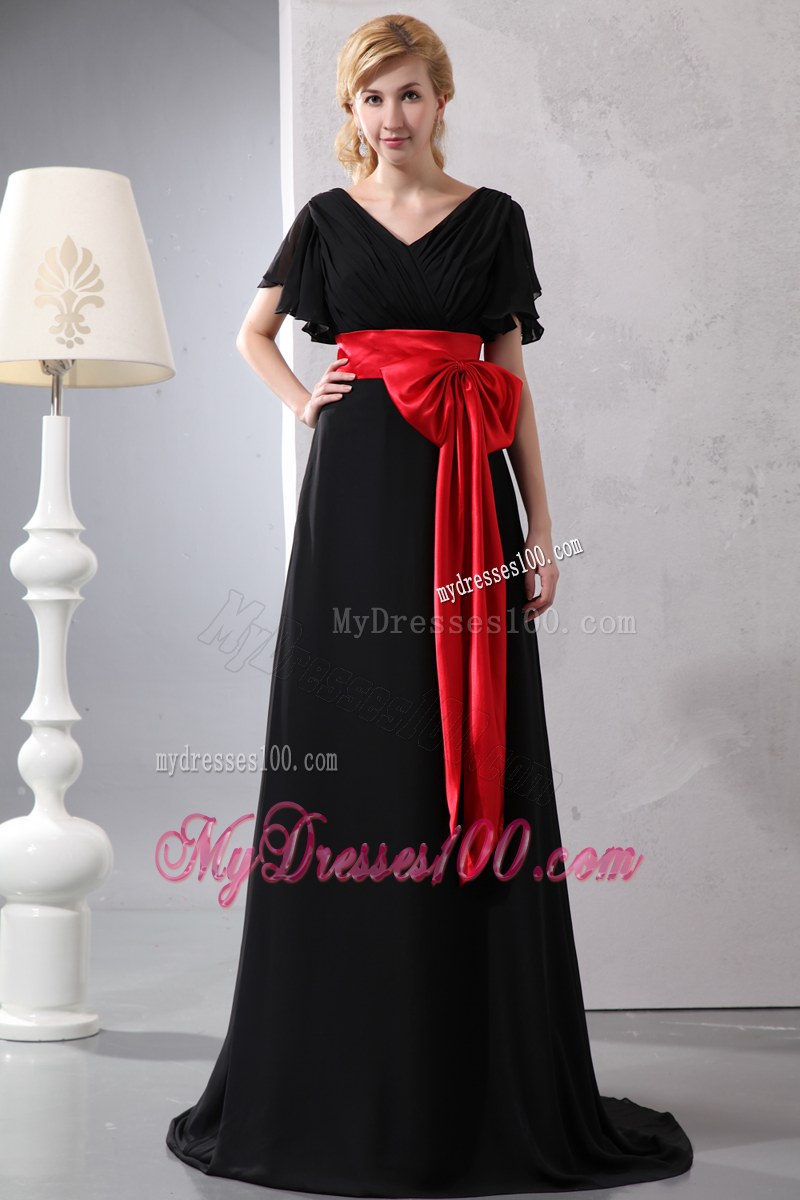 Beautiful Red and Black V-neck Bowknot Wedding Guest Dress Brush Train Empire 2014