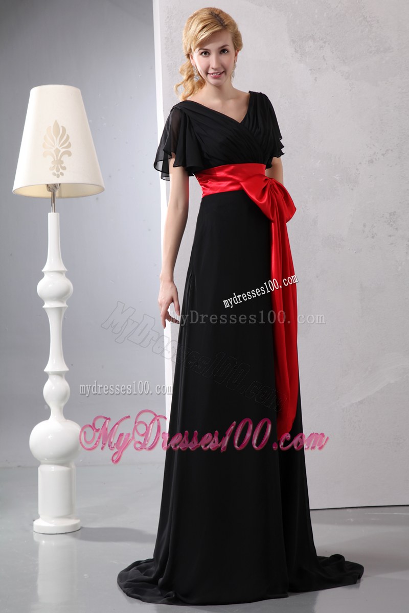 Beautiful Red and Black V-neck Bowknot Wedding Guest Dress Brush Train Empire 2014