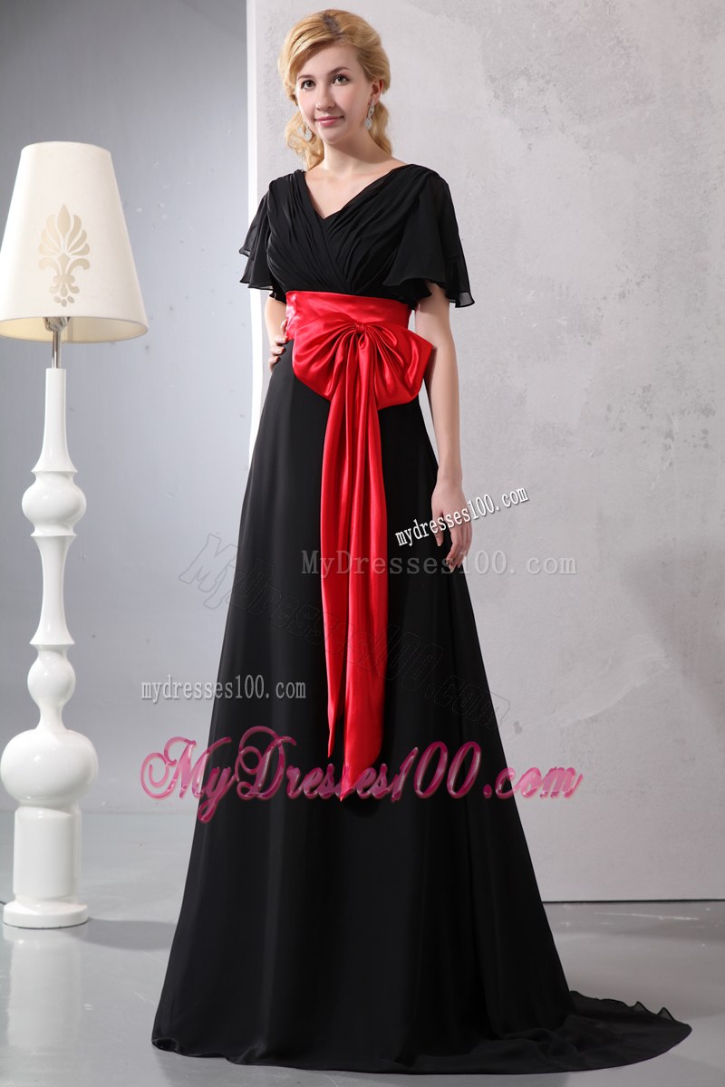 Beautiful Red and Black V-neck Bowknot Wedding Guest Dress Brush Train Empire 2014