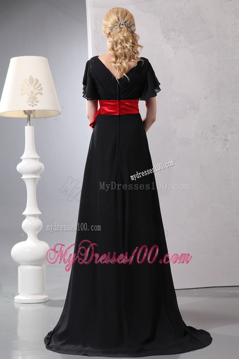 Beautiful Red and Black V-neck Bowknot Wedding Guest Dress Brush Train Empire 2014