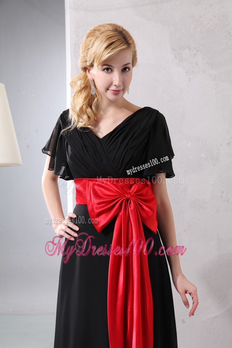 Beautiful Red and Black V-neck Bowknot Wedding Guest Dress Brush Train Empire 2014