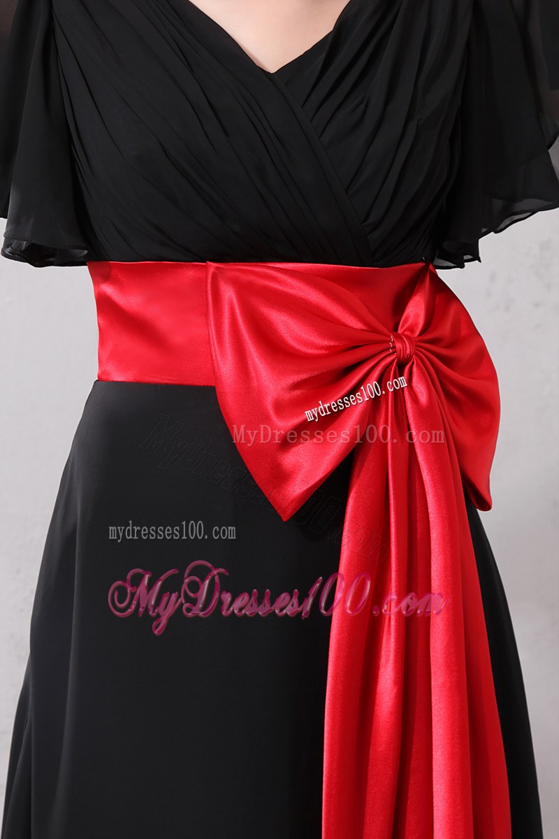 Beautiful Red and Black V-neck Bowknot Wedding Guest Dress Brush Train Empire 2014