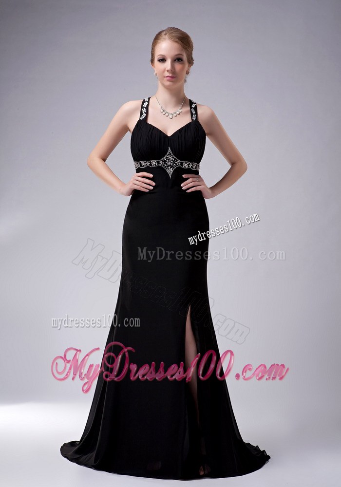 Exquisite Black Straps High Slit Mother of the Bride Dress Brush Train Beading