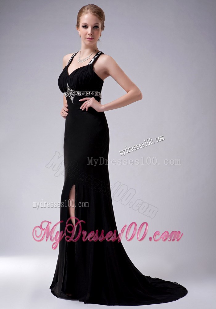 Exquisite Black Straps High Slit Mother of the Bride Dress Brush Train Beading