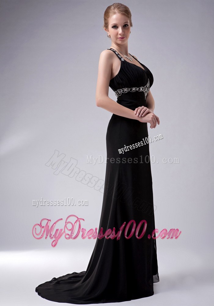 Exquisite Black Straps High Slit Mother of the Bride Dress Brush Train Beading