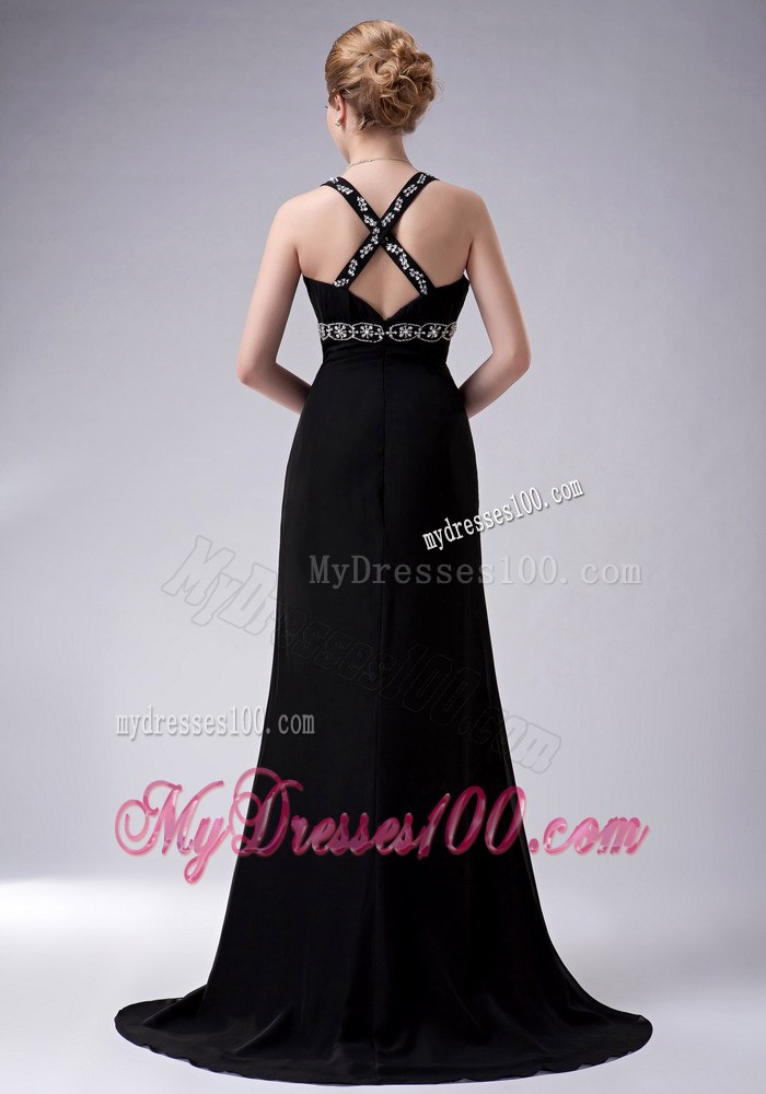 Exquisite Black Straps High Slit Mother of the Bride Dress Brush Train Beading