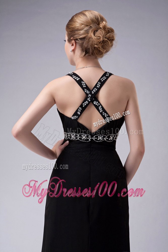 Exquisite Black Straps High Slit Mother of the Bride Dress Brush Train Beading