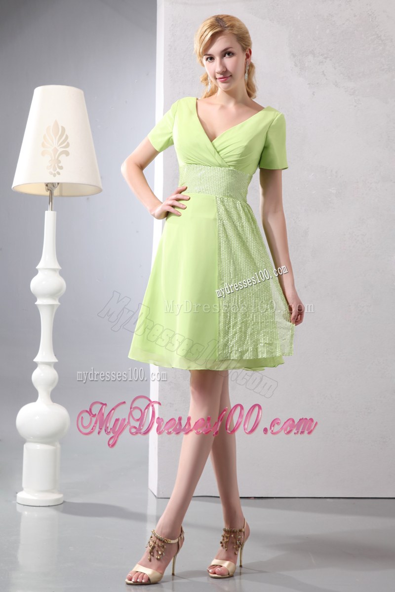 Yellow Green Empire V-neck Short Sleeves Mini-length Sequin Wedding Guest Dresses