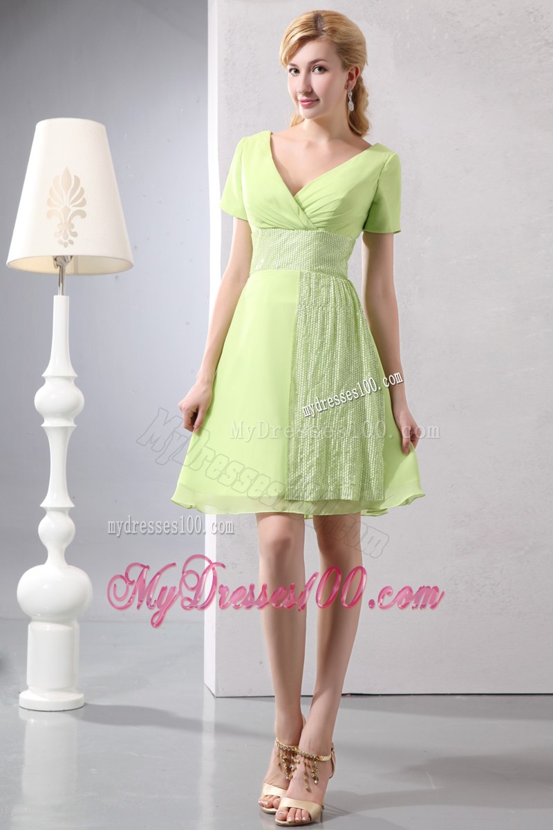 Yellow Green Empire V-neck Short Sleeves Mini-length Sequin Wedding Guest Dresses