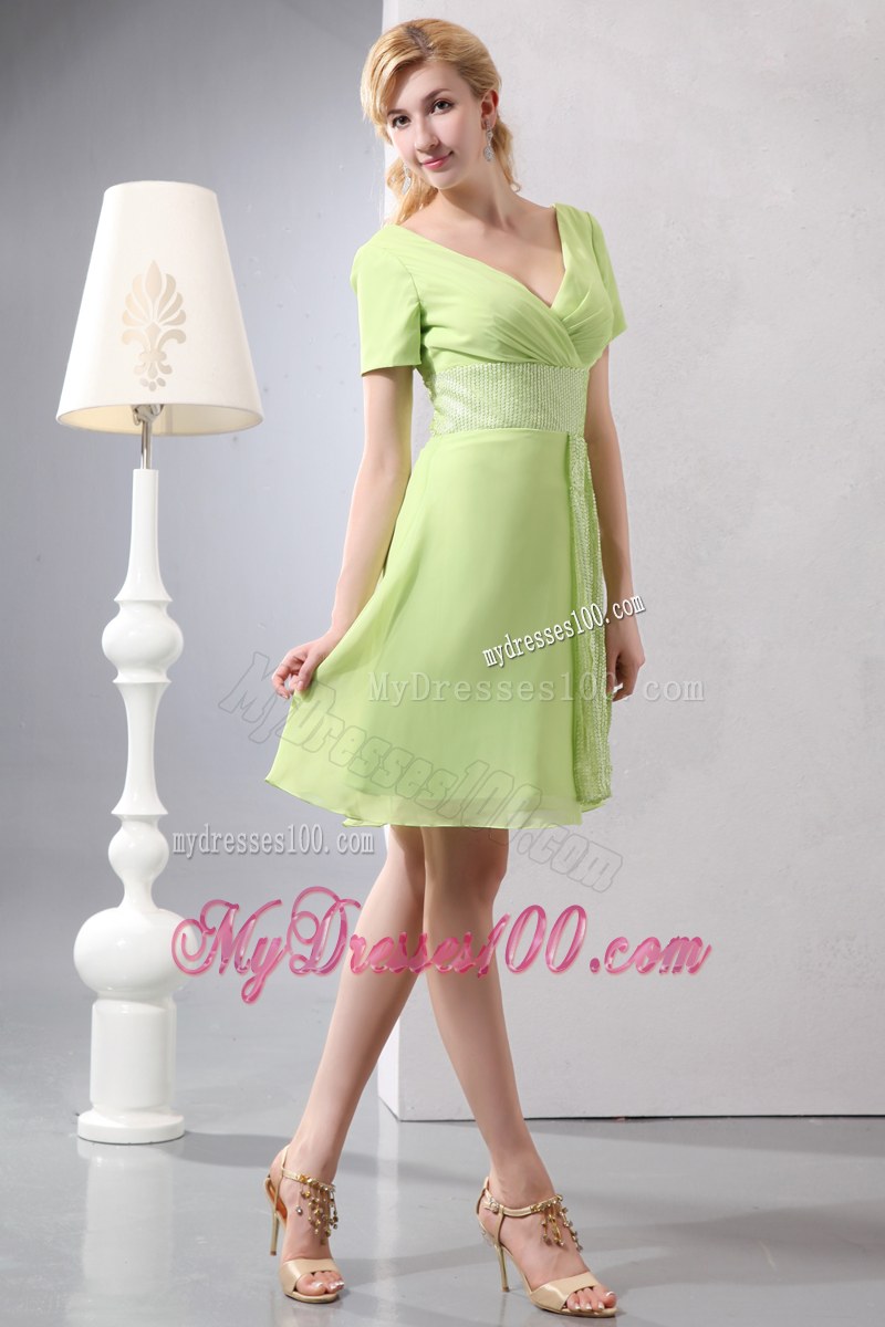 Yellow Green Empire V-neck Short Sleeves Mini-length Sequin Wedding Guest Dresses