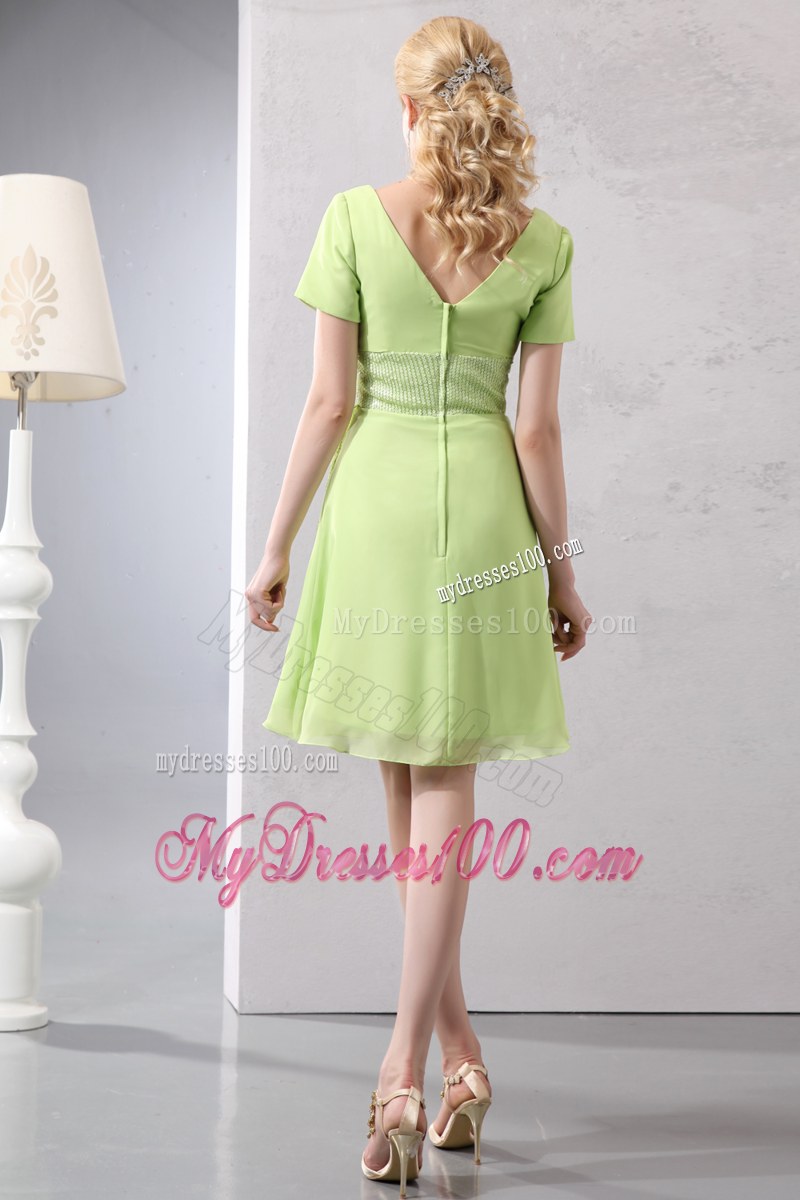 Yellow Green Empire V-neck Short Sleeves Mini-length Sequin Wedding Guest Dresses