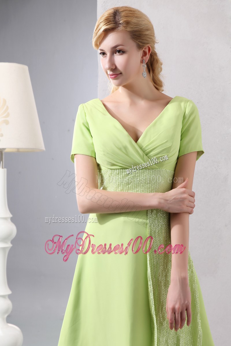 Yellow Green Empire V-neck Short Sleeves Mini-length Sequin Wedding Guest Dresses
