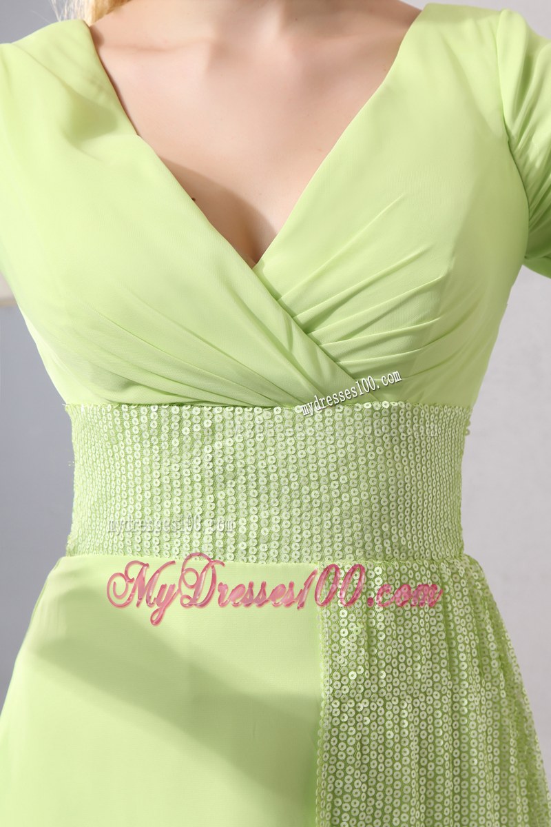 Yellow Green Empire V-neck Short Sleeves Mini-length Sequin Wedding Guest Dresses