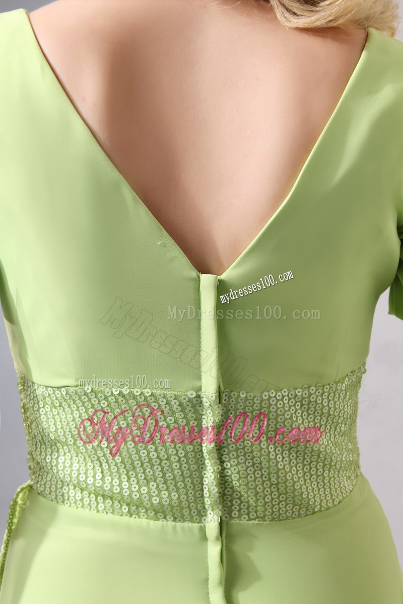 Yellow Green Empire V-neck Short Sleeves Mini-length Sequin Wedding Guest Dresses