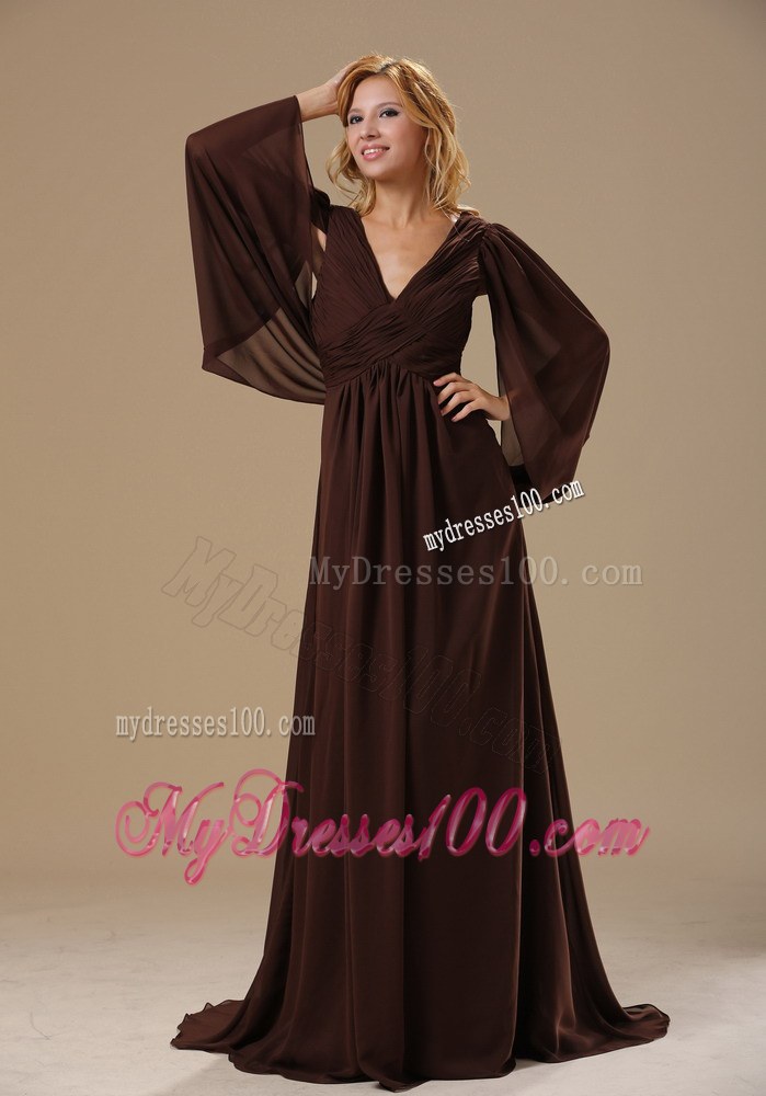 V-neck Brush Train Brown Long Sleeves Modest 2013 Mother of the Bride Dress