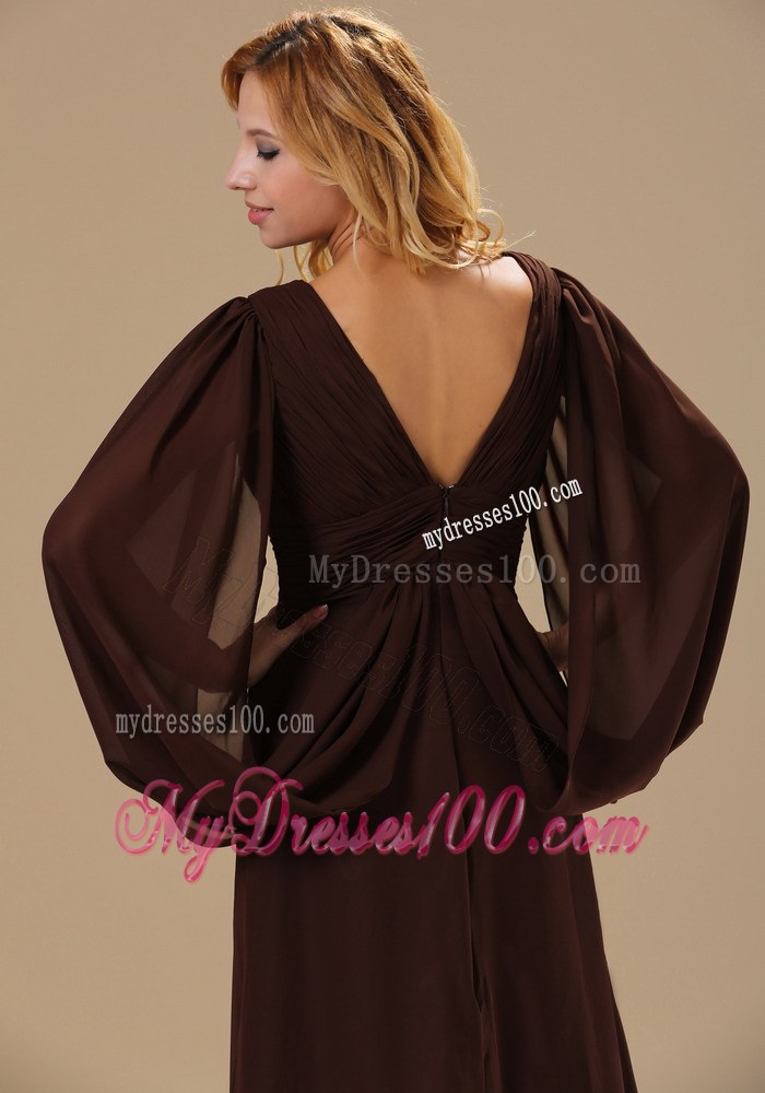 V-neck Brush Train Brown Long Sleeves Modest 2013 Mother of the Bride Dress