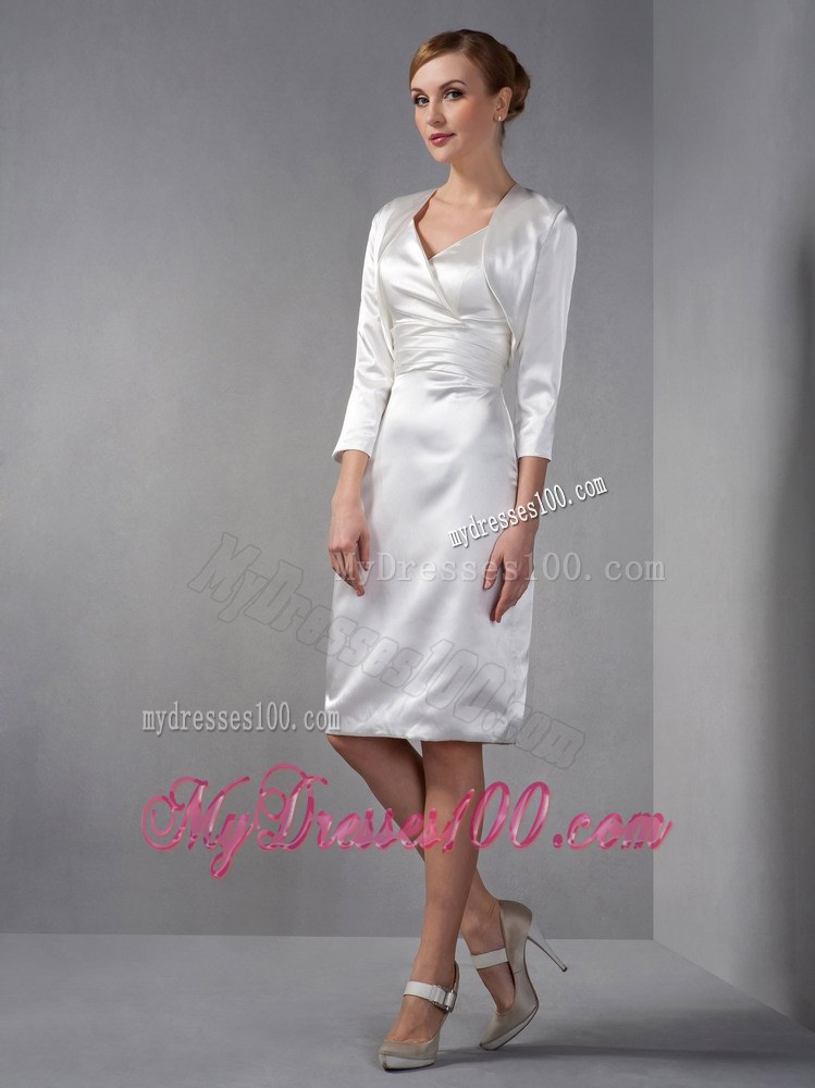 White Column V-neck Knee-length Ruched Hand Made Flowers Mother of the Bride Dress