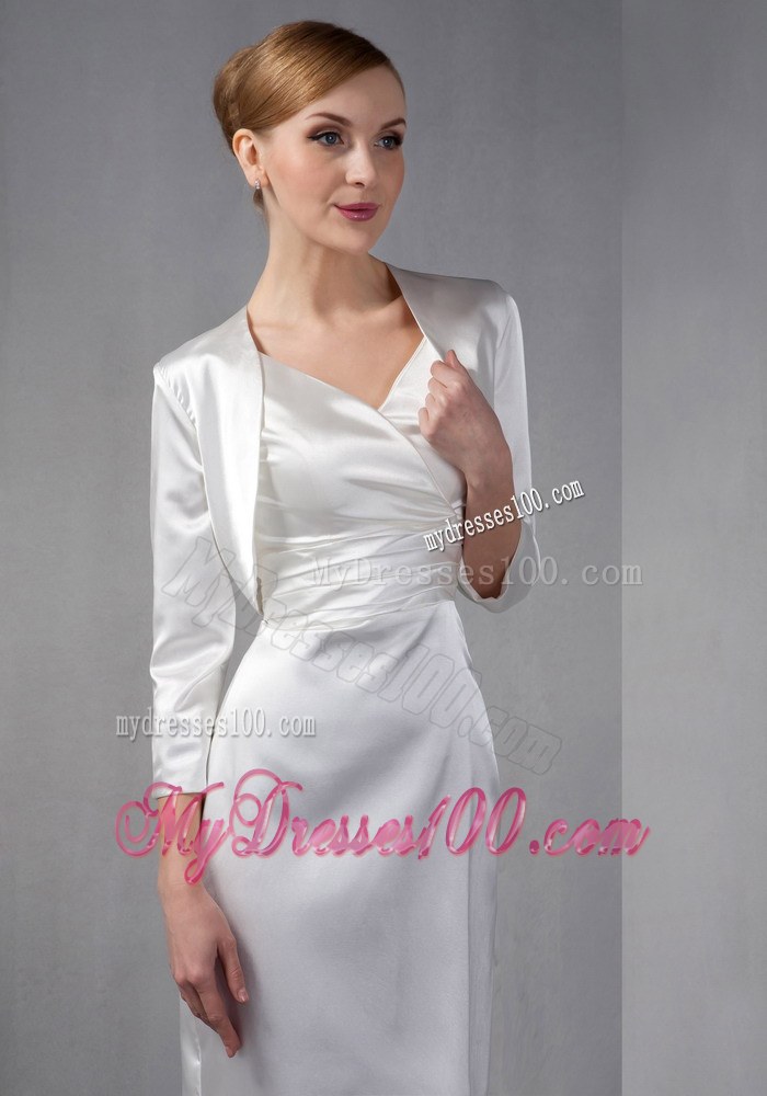 White Column V-neck Knee-length Ruched Hand Made Flowers Mother of the Bride Dress