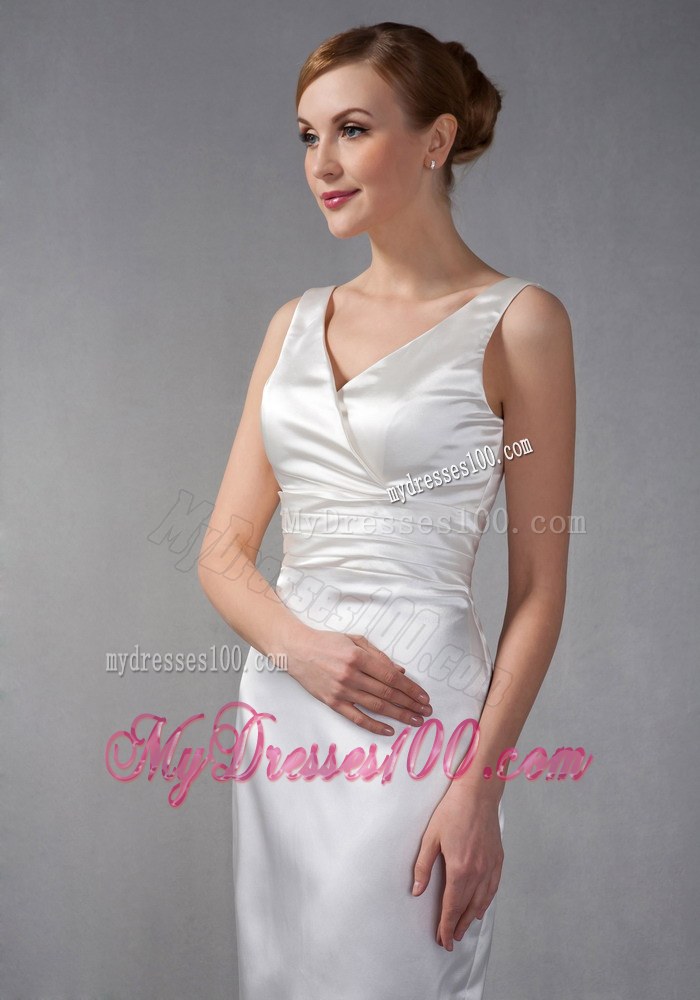 White Column V-neck Knee-length Ruched Hand Made Flowers Mother of the Bride Dress
