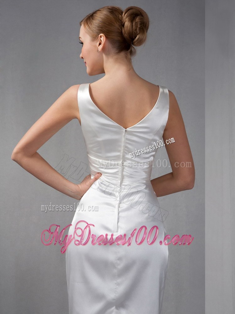 White Column V-neck Knee-length Ruched Hand Made Flowers Mother of the Bride Dress