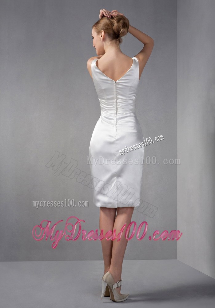 White Column V-neck Knee-length Ruched Hand Made Flowers Mother of the Bride Dress