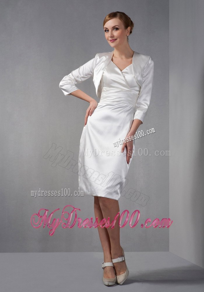 White Column V-neck Knee-length Ruched Hand Made Flowers Mother of the Bride Dress