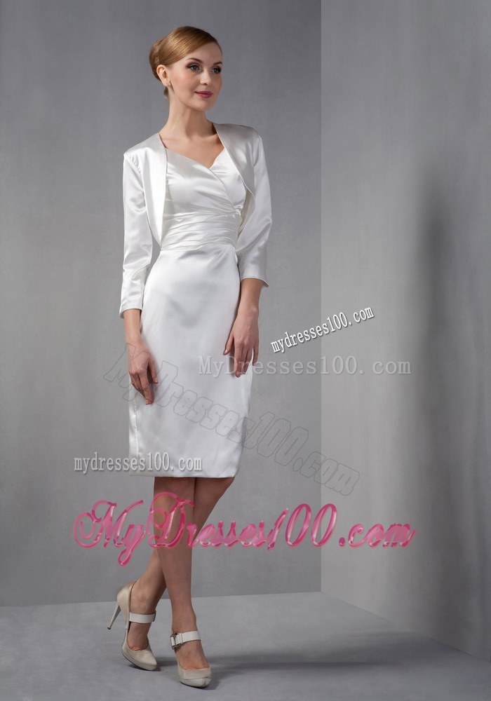 White Column V-neck Knee-length Ruched Hand Made Flowers Mother of the Bride Dress